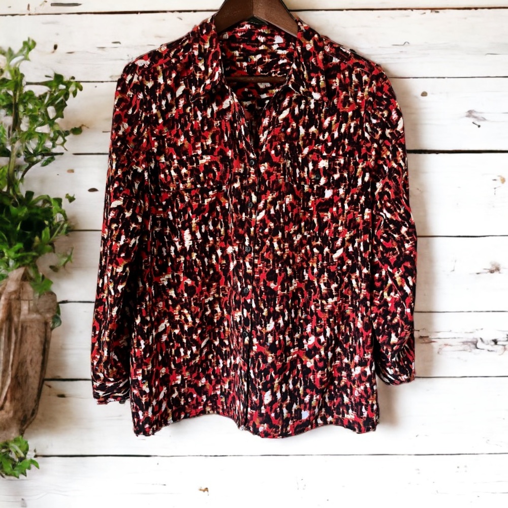 Notations Long Sleeve Button Up Career Painterly Blouse - Picture 7 of 14